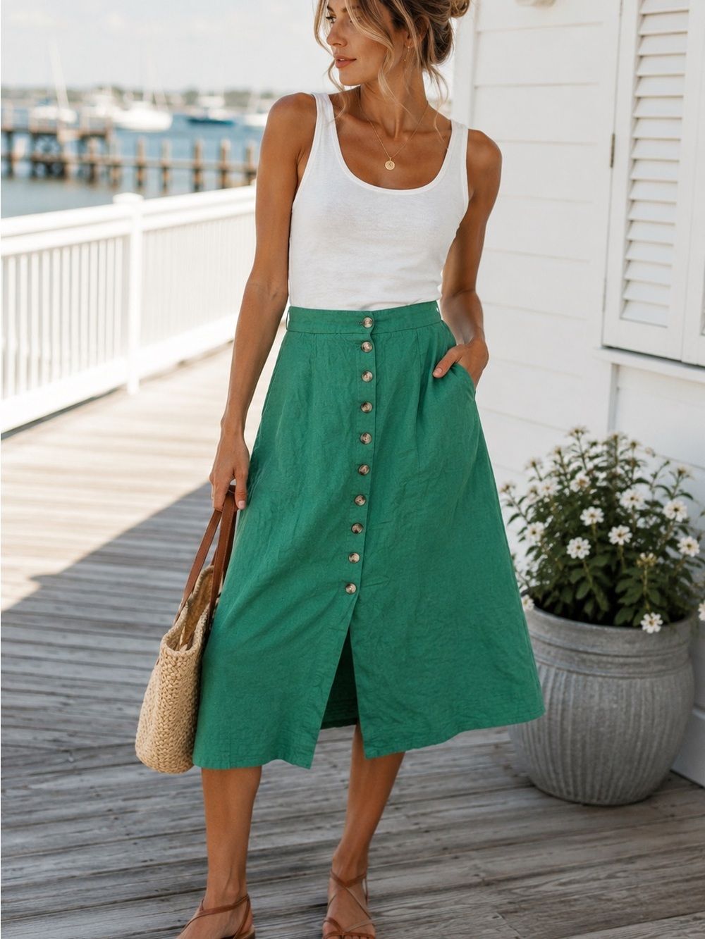 Universal Thread Emerald Green Linen Blend Button Front Midi Skirt Pockets